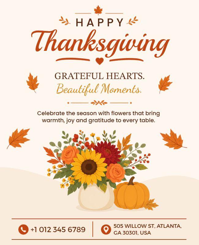 Thanksgiving Celebration with Flowers and Pumpkins Poster Template