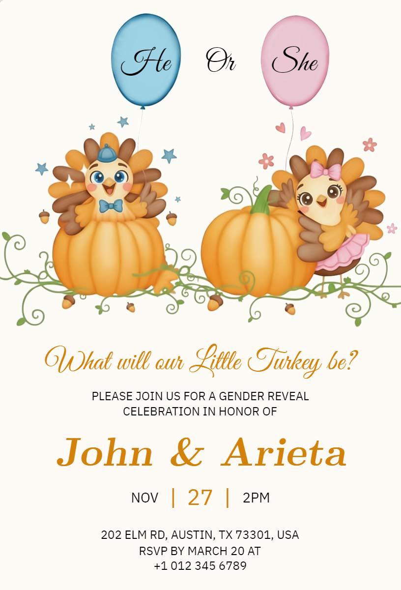 Thanksgiving Little Turkey Gender Reveal Celebration Invitation Template