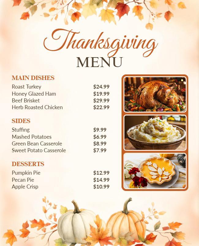 Thanksgiving Menu Flyer with Autumn Leaves Design Template