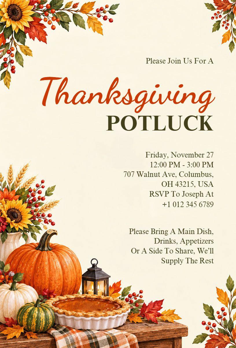 Thanksgiving Potluck Celebration Invitation Template