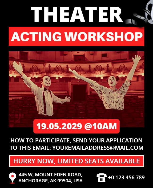 Vibrant Red Theater Acting Workshop Invitation Flyer Template