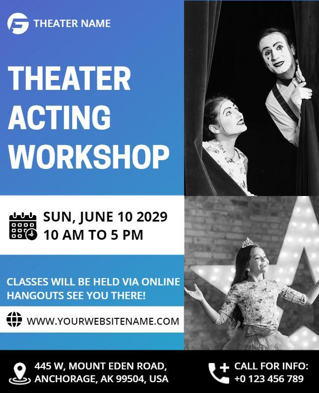 Dramatic Black and Blue Theater Acting Workshop Flyer Template