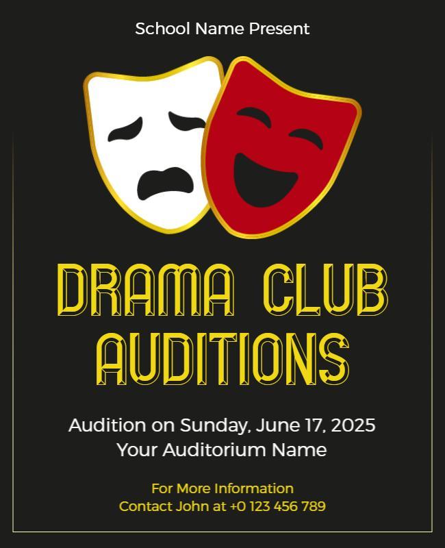 Theatrical Comedy and Tragedy Drama Club Auditions Poster Template