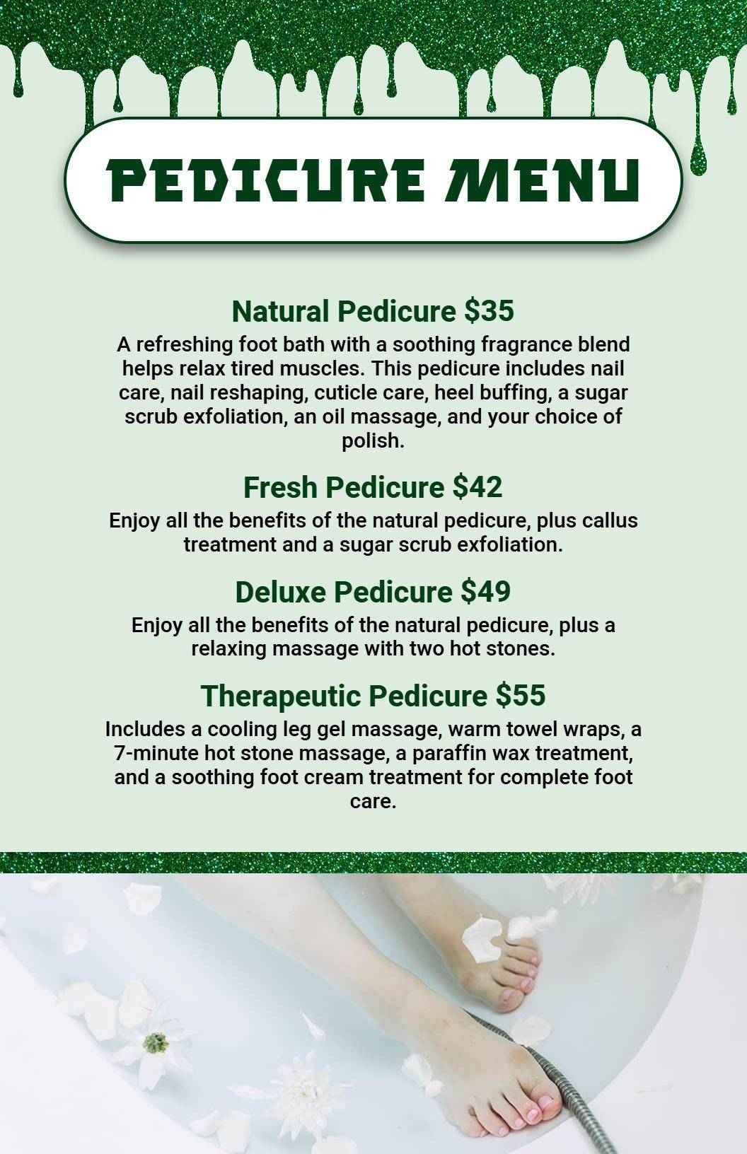 Therapeutic Green Glitter Design Pedicure Options Menu Template