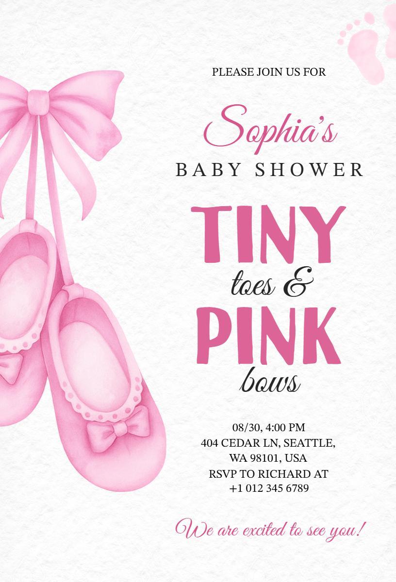 Tiny Toes Pink Bow Baby Shower Celebration Invitation Template