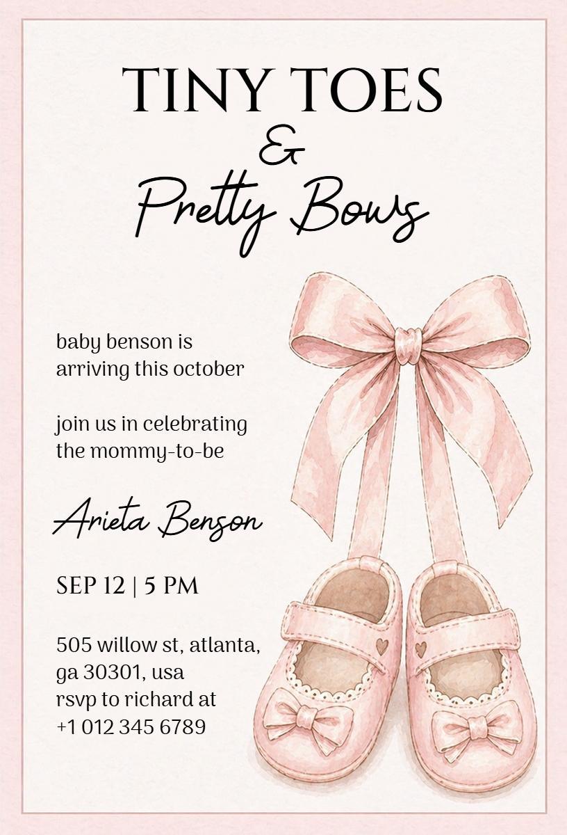 Tiny Toes Pretty Bows Pink Baby Shower Invitation Template