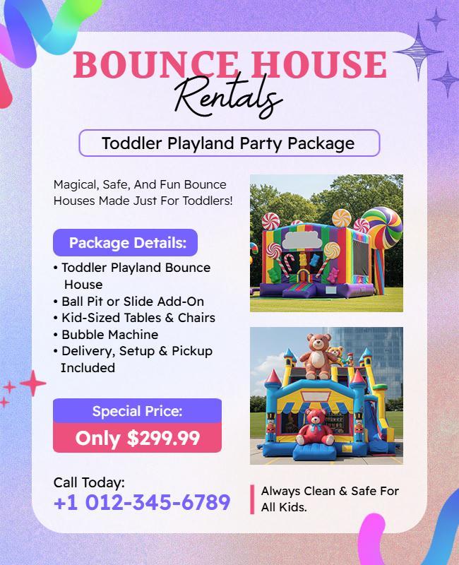 Toddler Playland Party Bounce House Rental Package Flyer Template