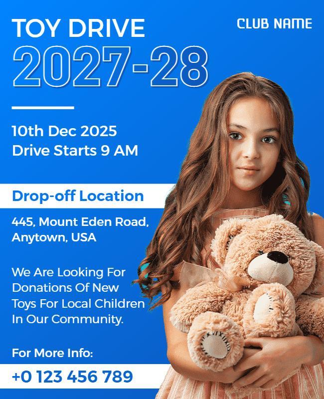 Bright Blue Holiday Toy Drive Donation Flyer Template