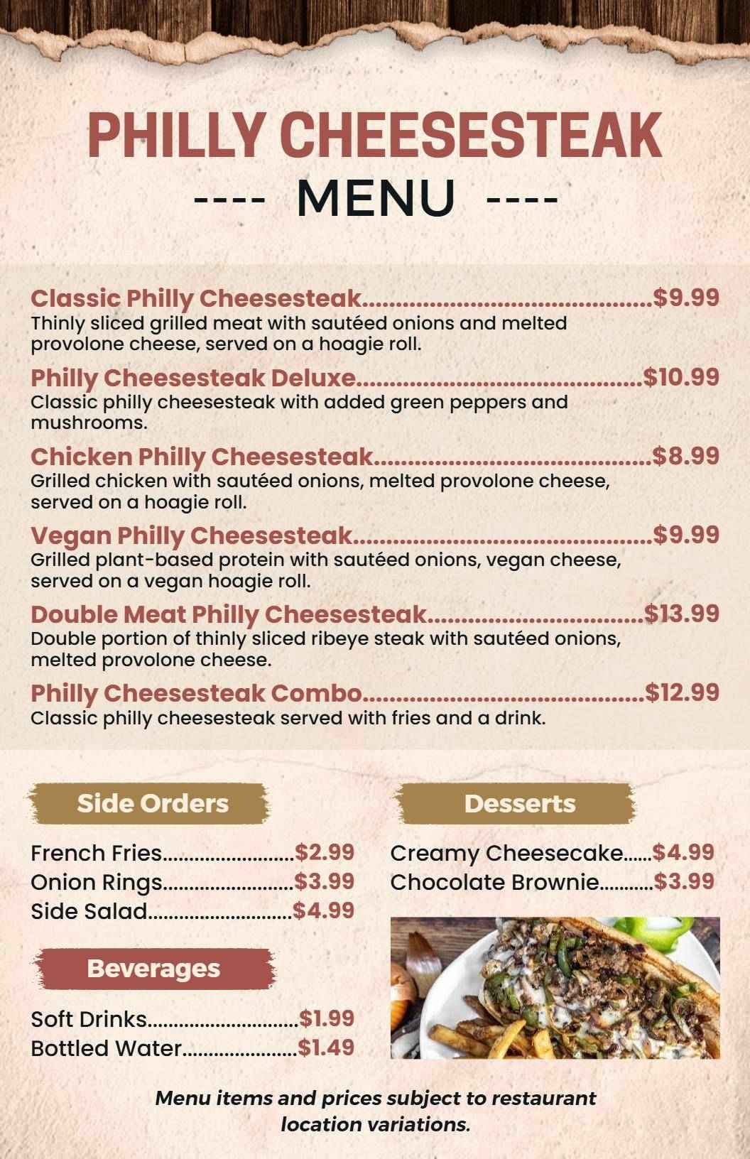 Traditional American Philly Cheesesteak Menu Template