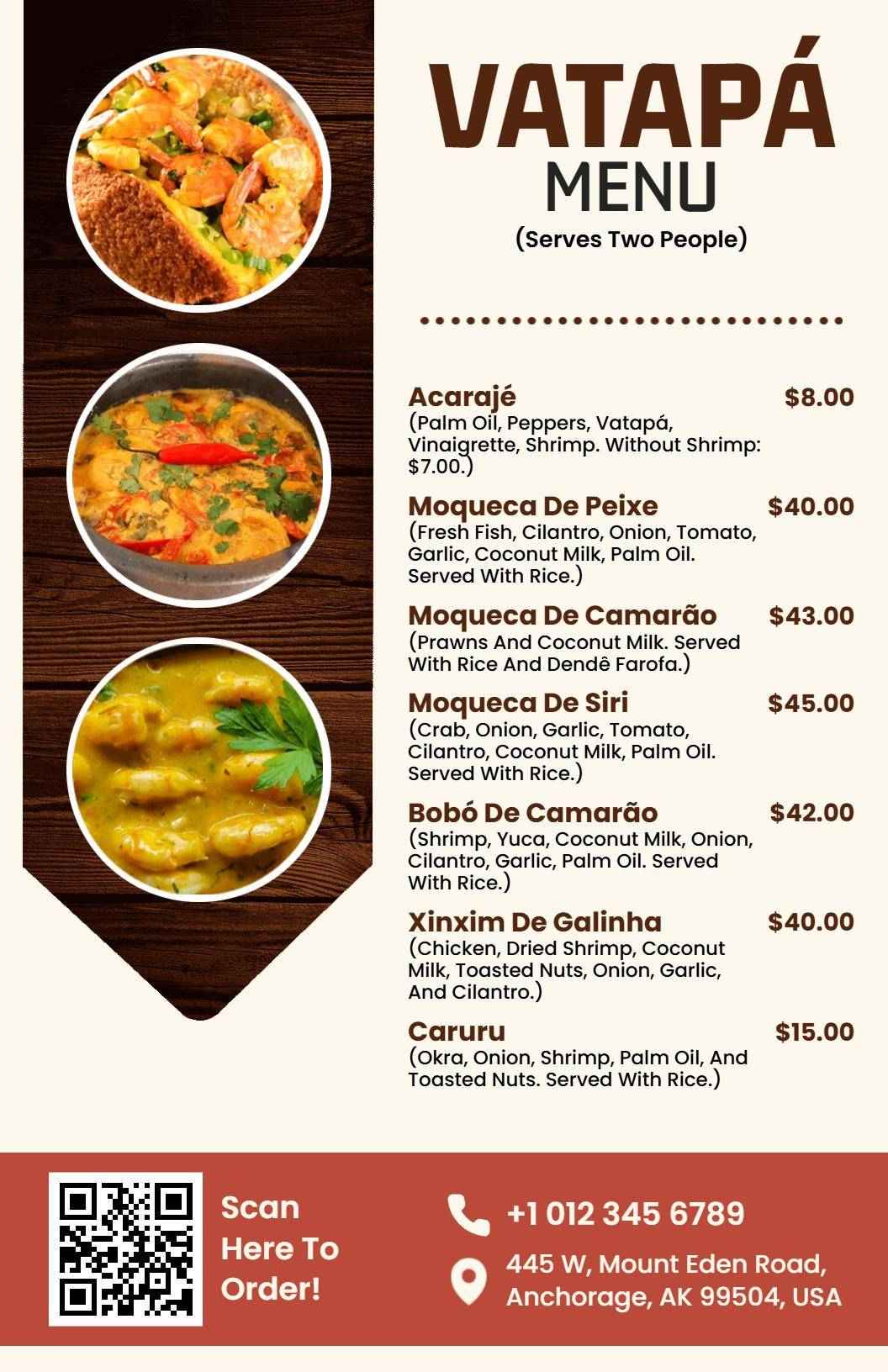 Traditional Brazilian Cuisine Vatapá Dish Menu Template