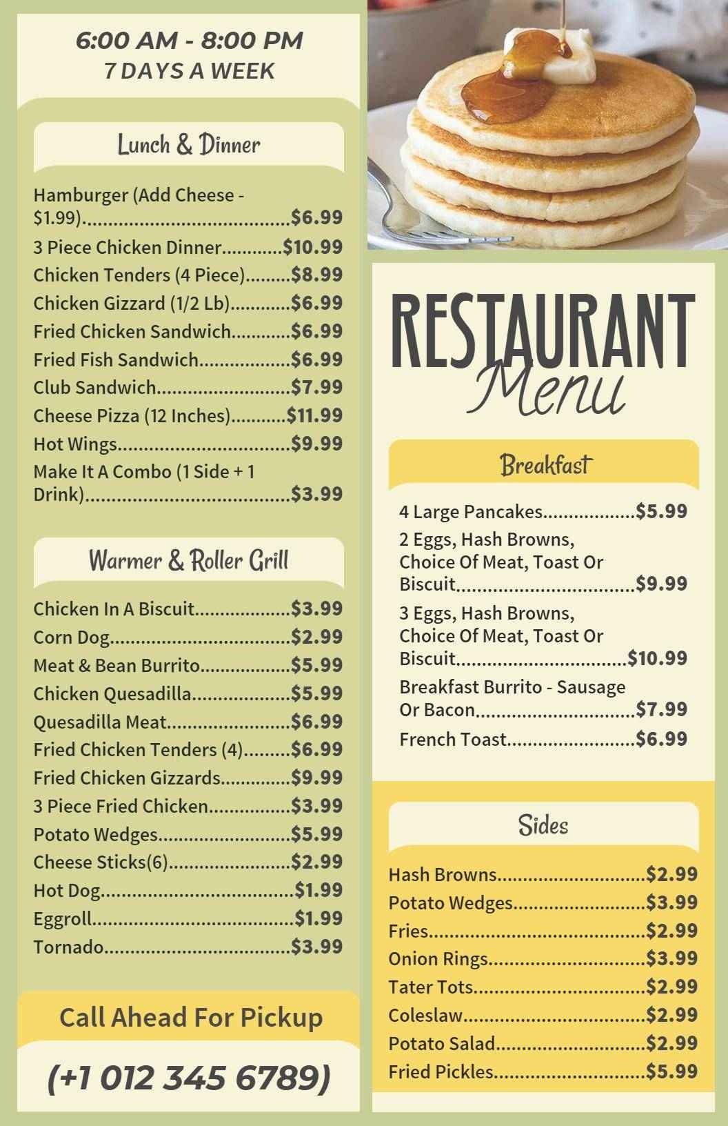 Traditional Breakfast and Lunch Combo Restaurant Menu Template