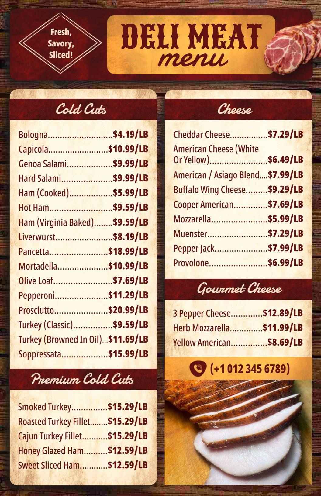 Traditional Deli Meat Varieties with Pricing Menu Template