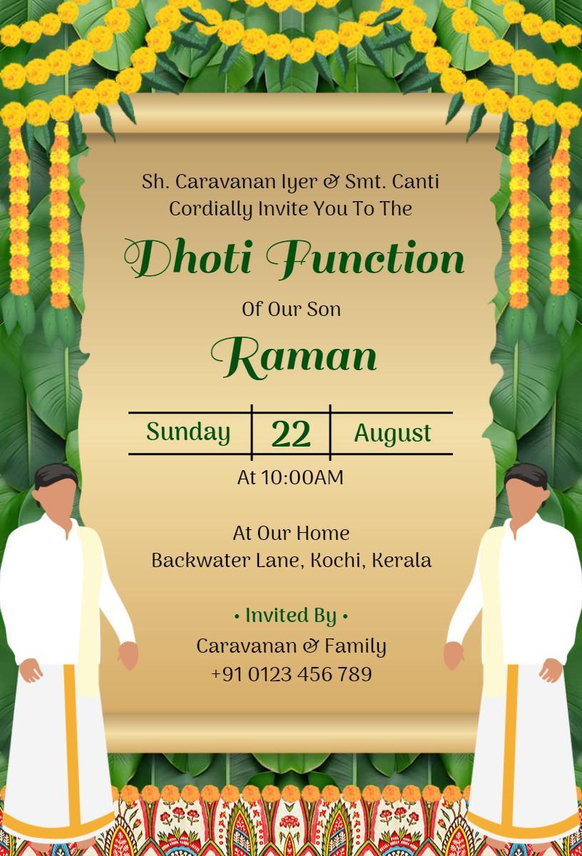 Traditional Dhoti Ceremony Celebration Family Invitation Template