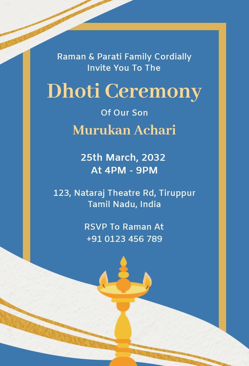 Traditional Dhoti Ceremony Hindu Family Celebration Invitation Template