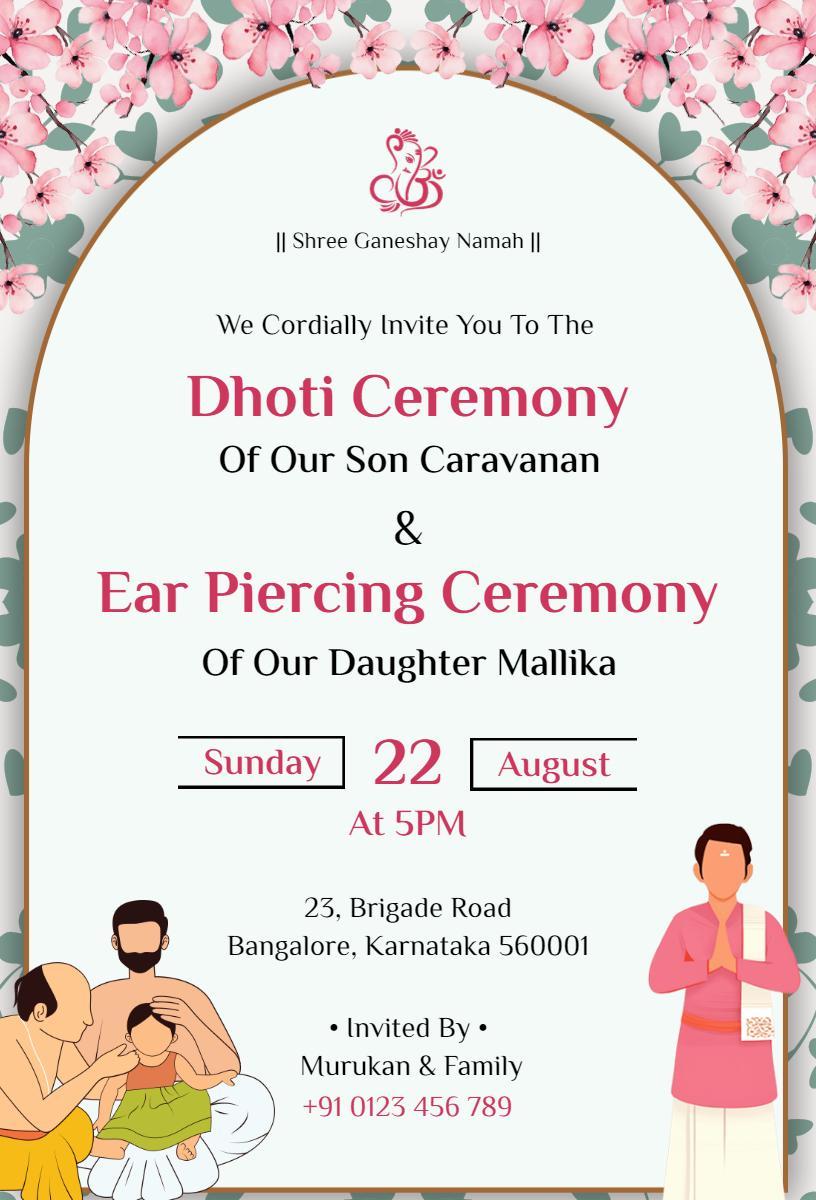 Traditional Dhoti Ear Piercing Family Celebration Invitation Template