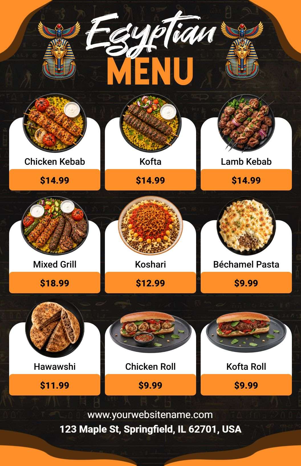 Traditional Egyptian Dishes Including Kofta and Kebab Menu Template