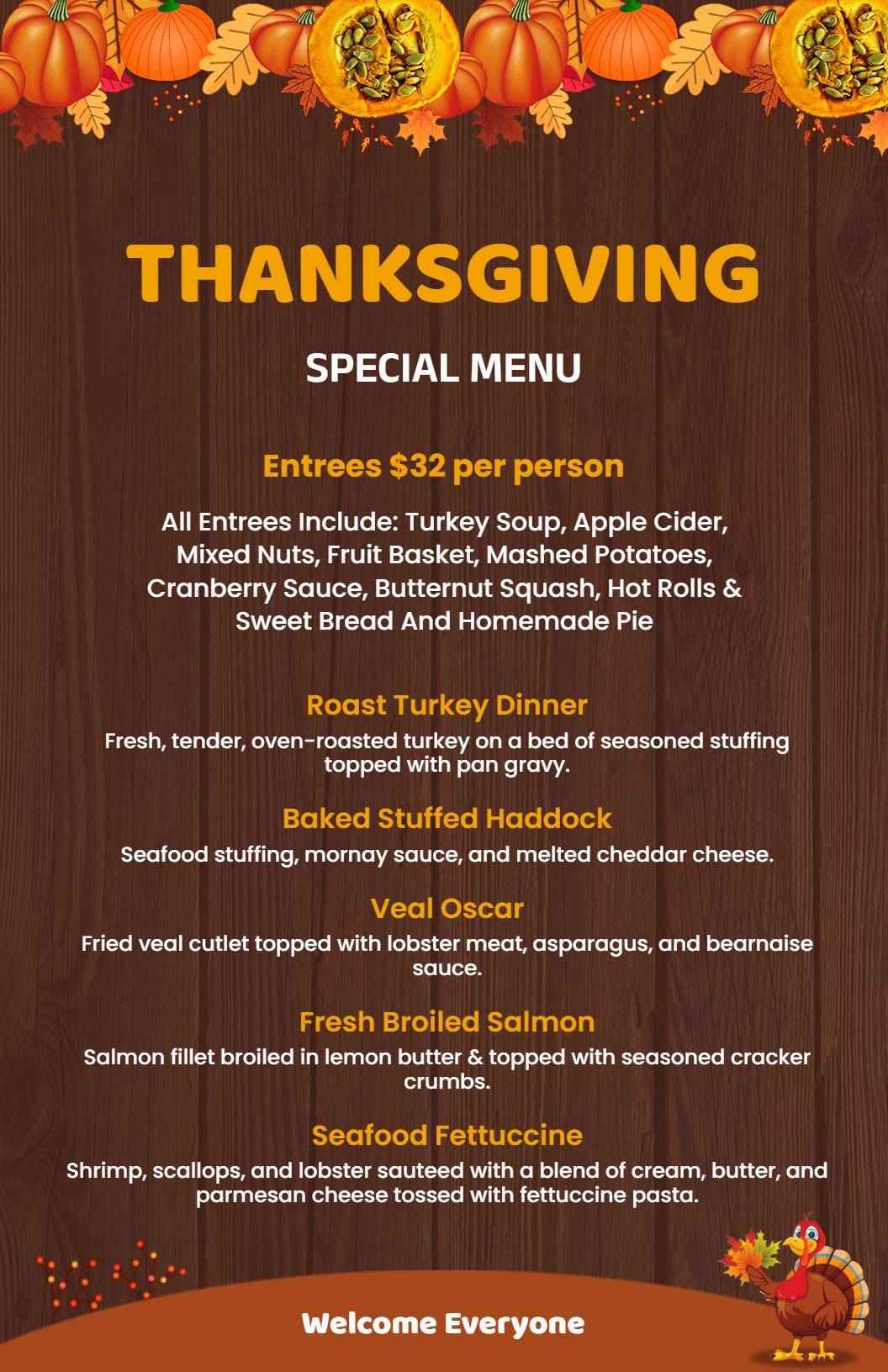 Traditional Entrees with Roast Turkey Thanksgiving Menu Template