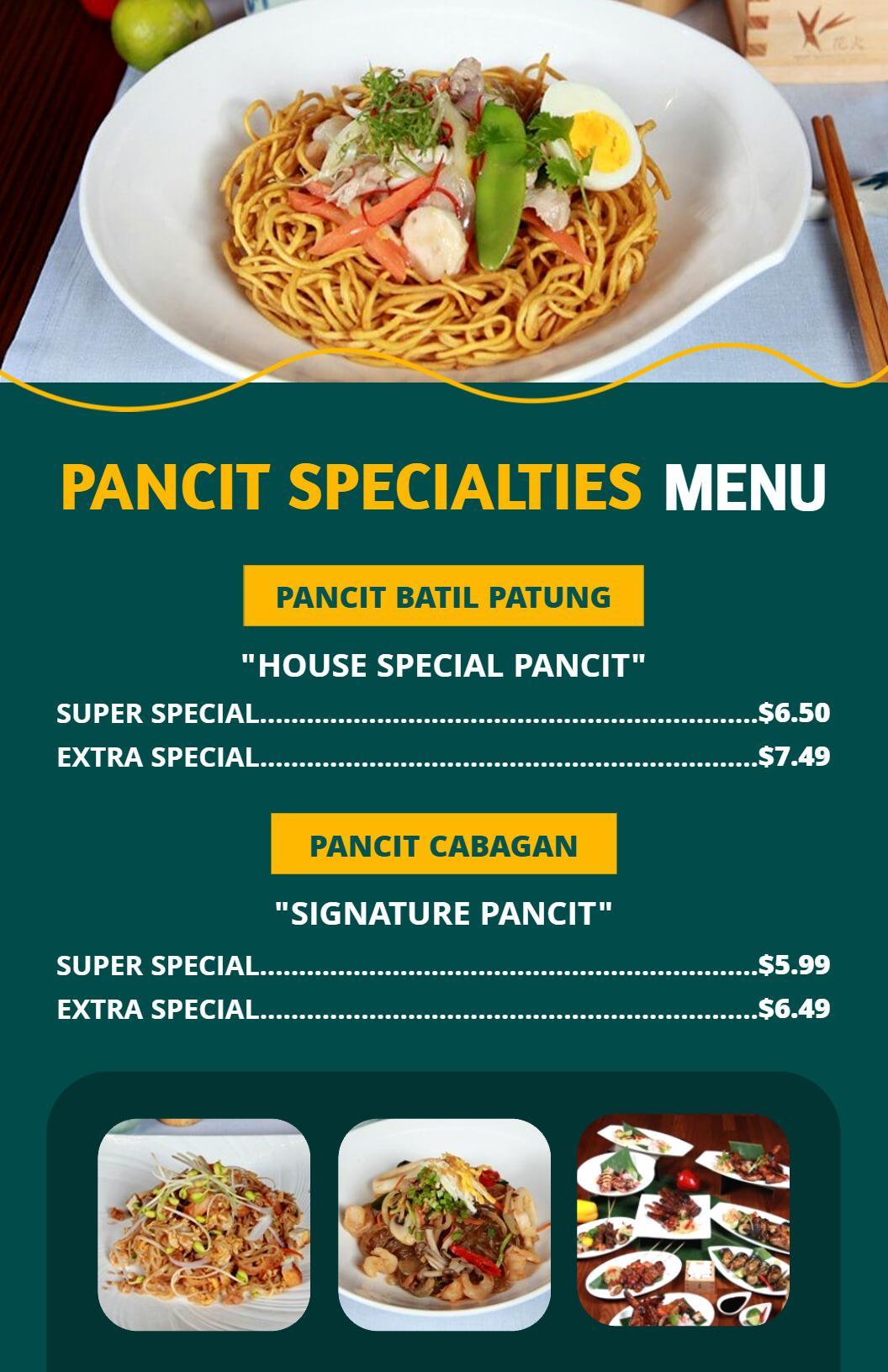 Traditional Filipino Specialty Pancit Selection Menu Template