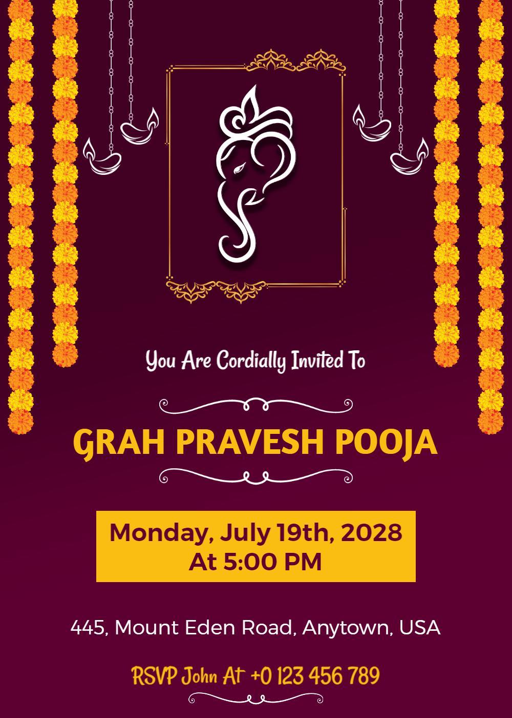 Traditional Grah Pravesh Pooja Housewarming Invitation Template