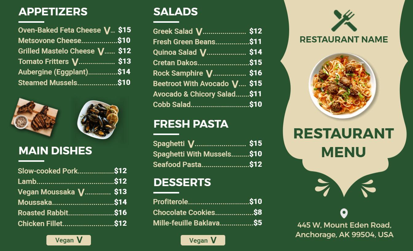 Traditional Green Appetizers and Salads Restaurant Menu Template
