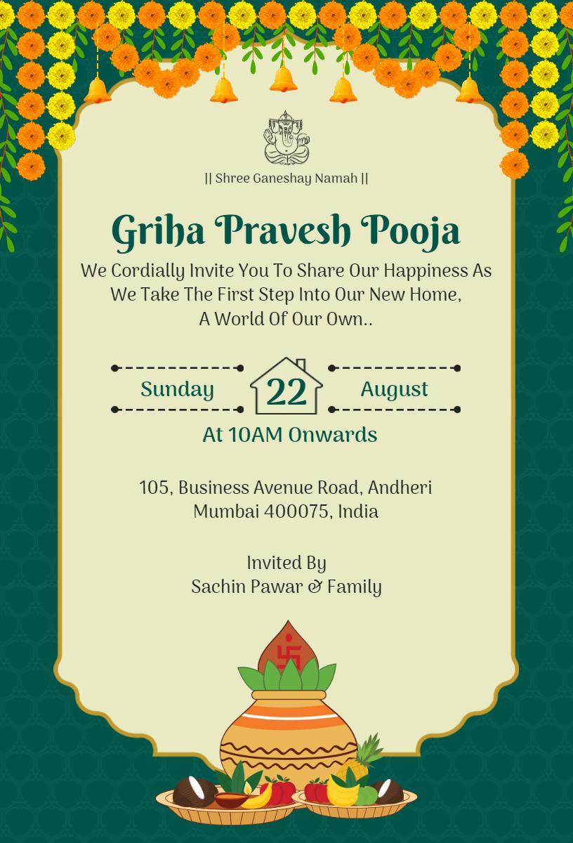 Traditional Griha Pravesh Pooja Home Blessing Invitation Template