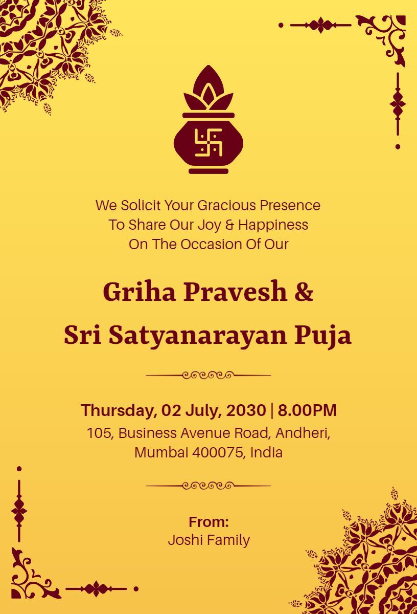 Traditional Griha Pravesh Sri Satyanarayan Puja Invitation Template