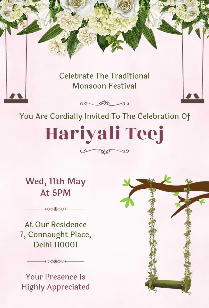 Traditional Hariyali Teej Monsoon Festival Celebration Invitation Template