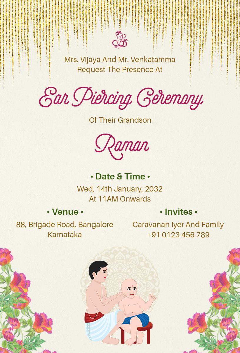 Traditional Hindu Ear Piercing Ceremony Elegant Invitation Template
