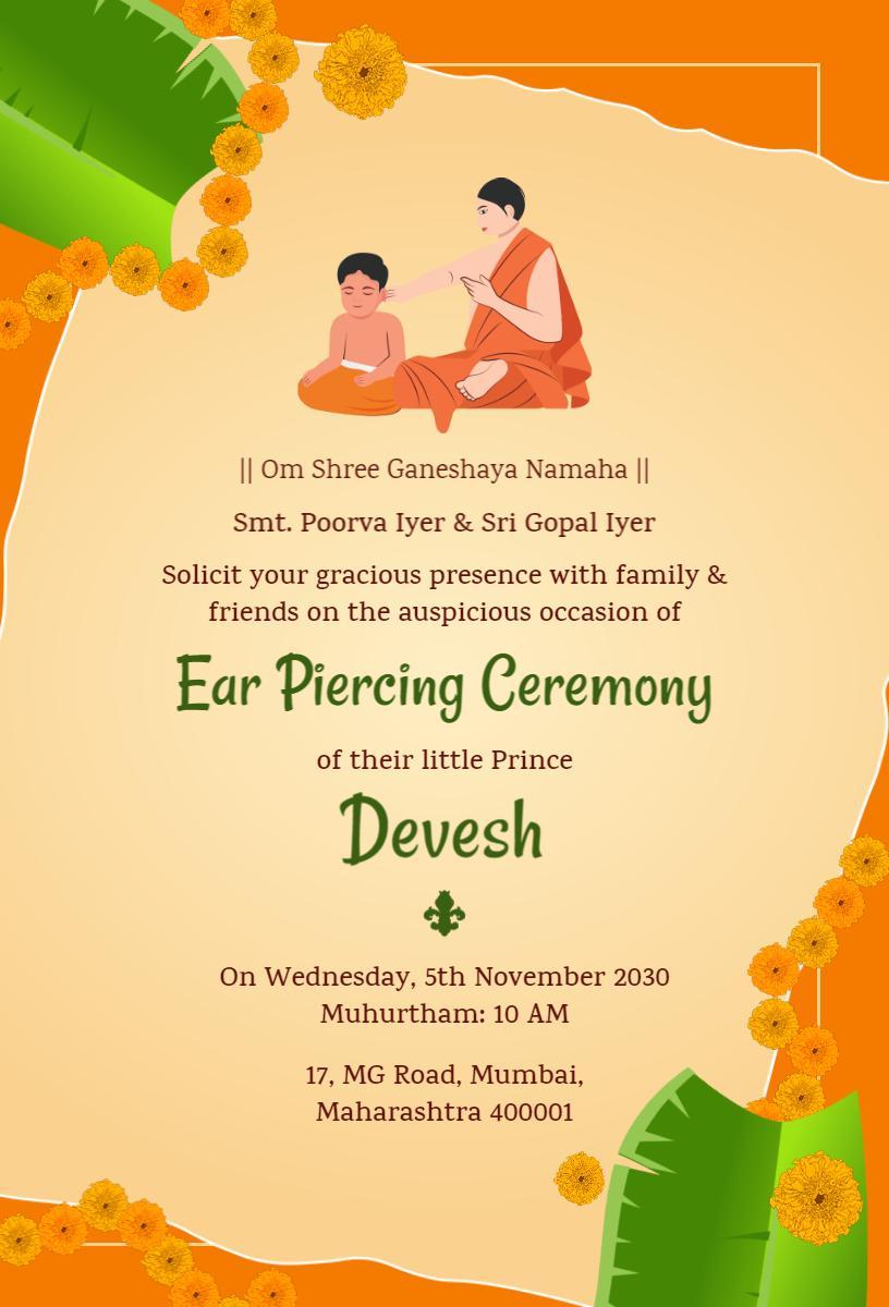 Traditional Hindu Ear Piercing Ceremony Invitation Template