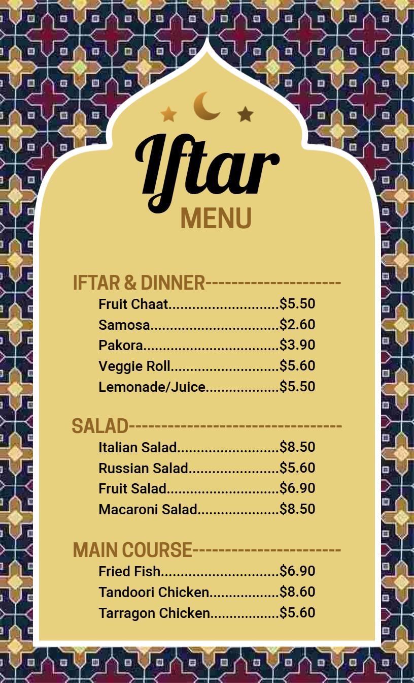 Traditional Iftar Delights with Refreshing Starters Holiday Menu Template