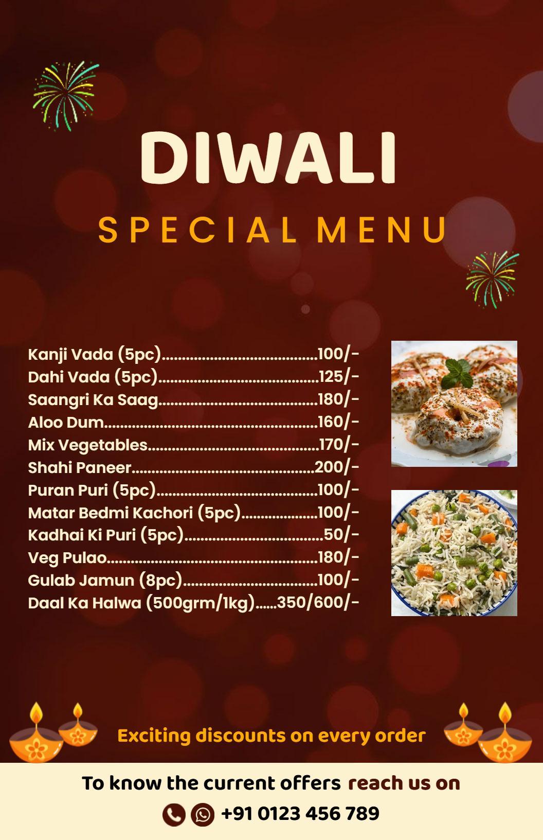 Traditional Indian Dishes and Festive Treats Diwali Menu Template