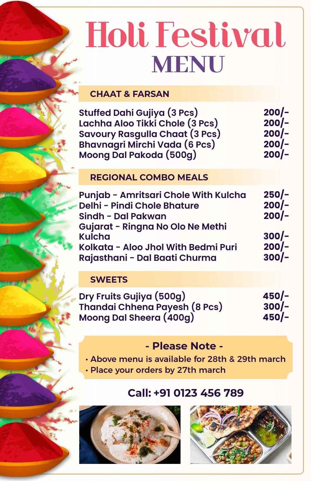 Traditional Indian Dishes and Sweets Featuring Flavors Holi Menu Template