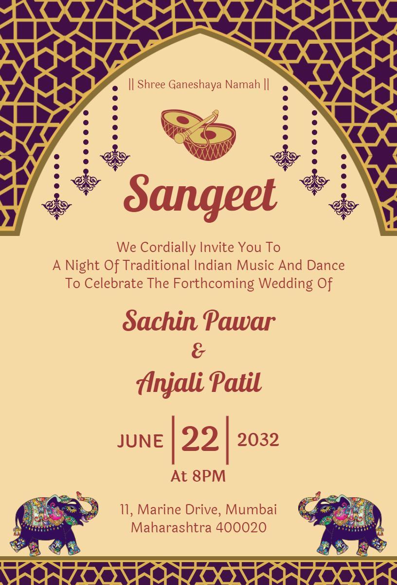 Traditional Indian Music Dance Sangeet Ceremony Invitation Template