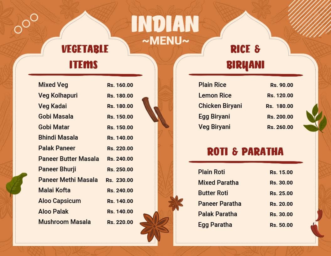 Traditional Indian Vegetable and Biryani Dishes Delight Menu Template