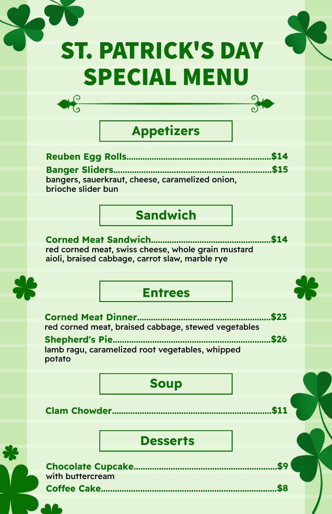 Traditional Irish Appetizers and Festive Dishes St. Patrick's Day Menu Template