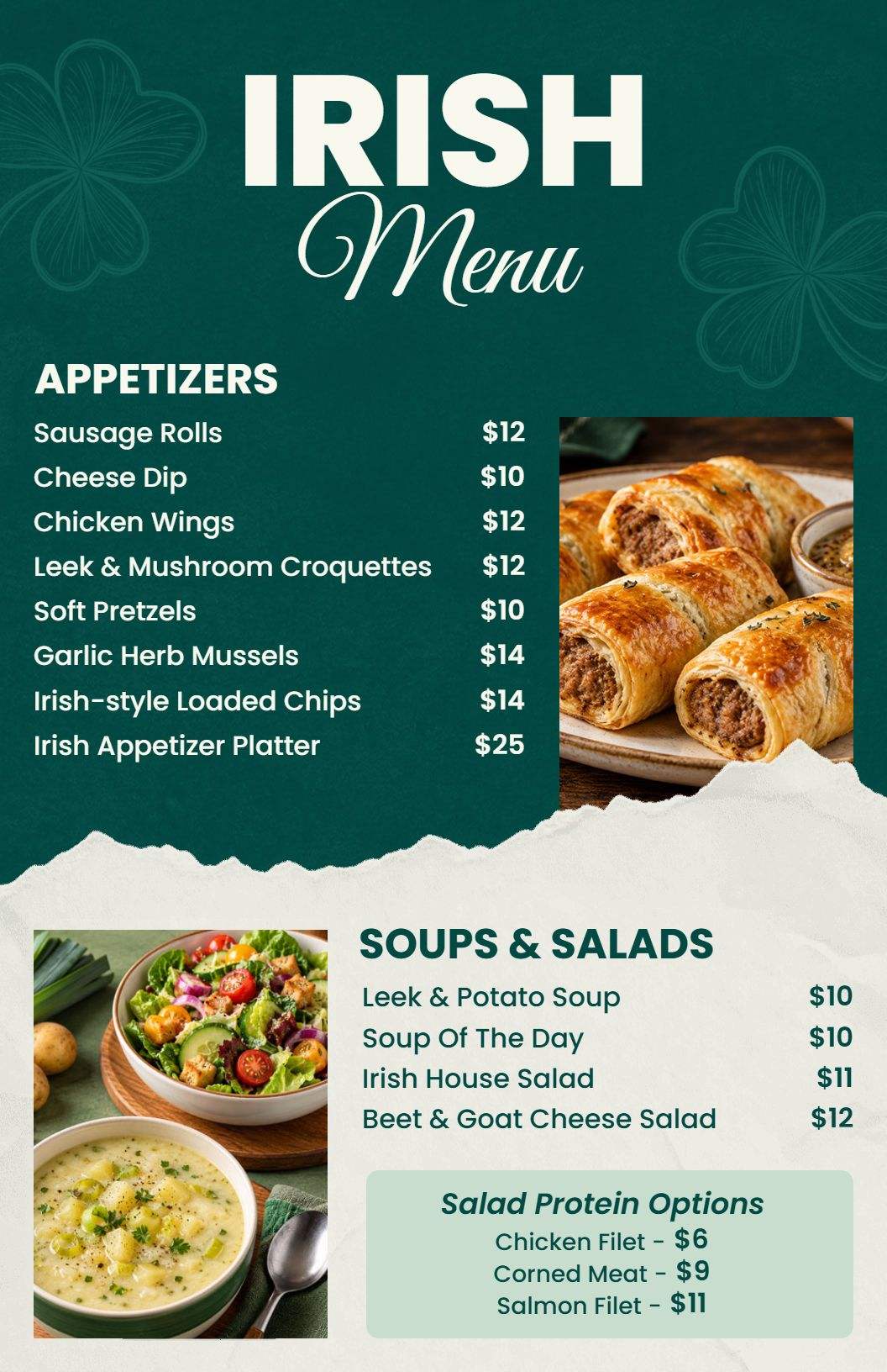 Traditional Irish Dishes and Appetizers with Flavorful Mains Menu Template