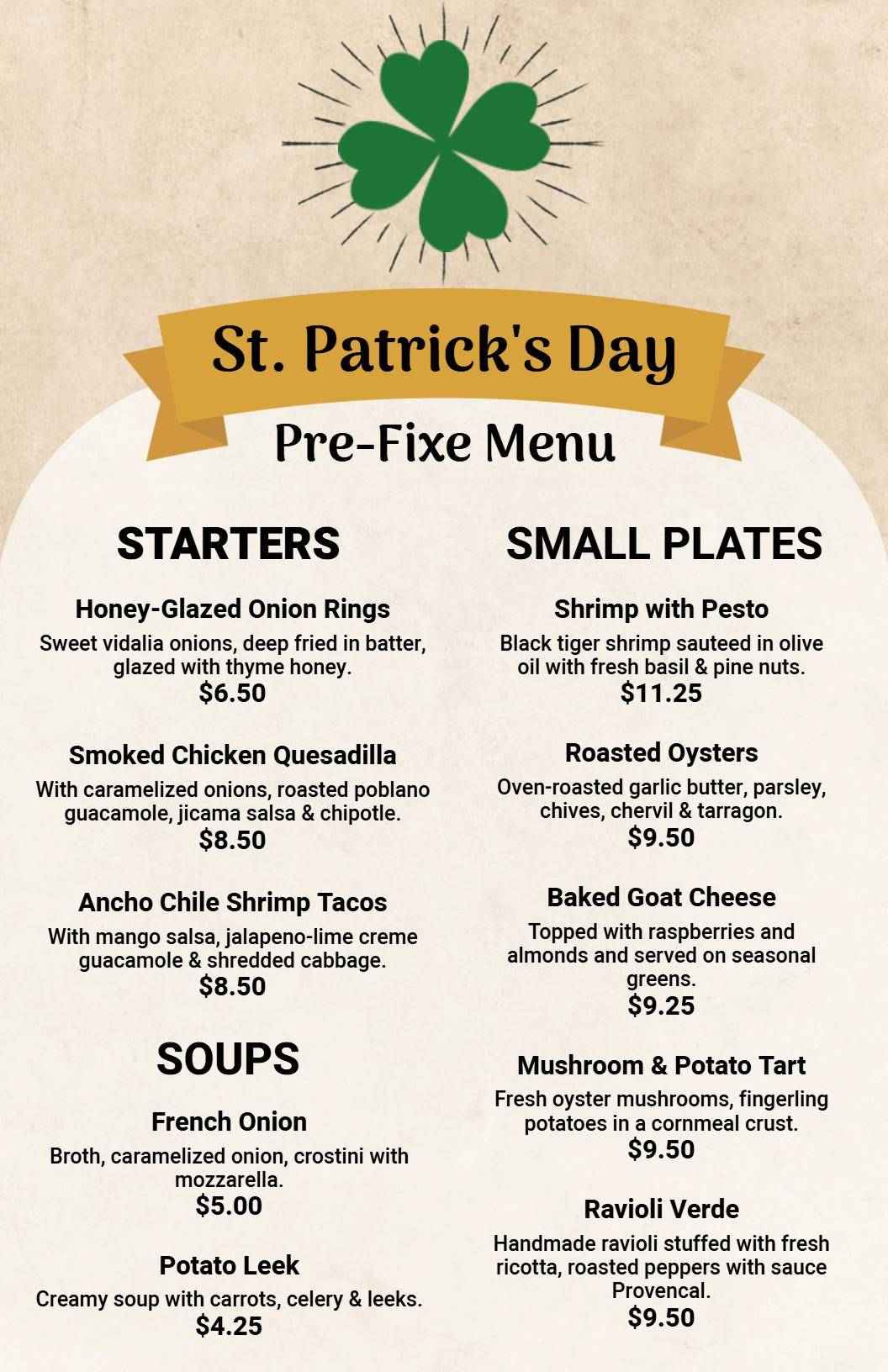 Traditional Irish Dishes and Festive Favorites St. Patrick's Day Menu Template