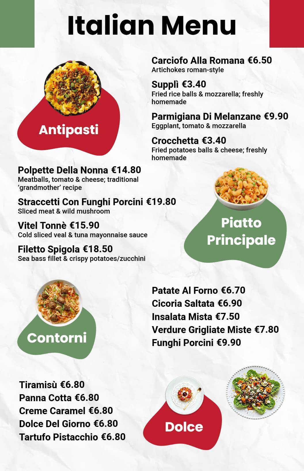 Traditional Italian Red and Green Food Selection Menu Template