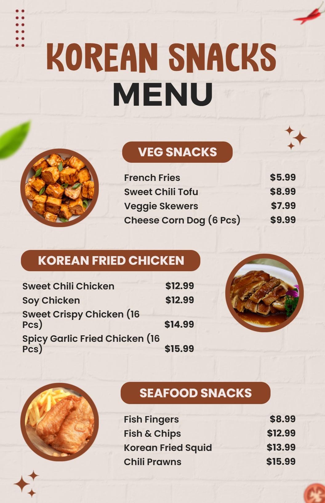 Traditional Korean Street Food Snacks Menu Template