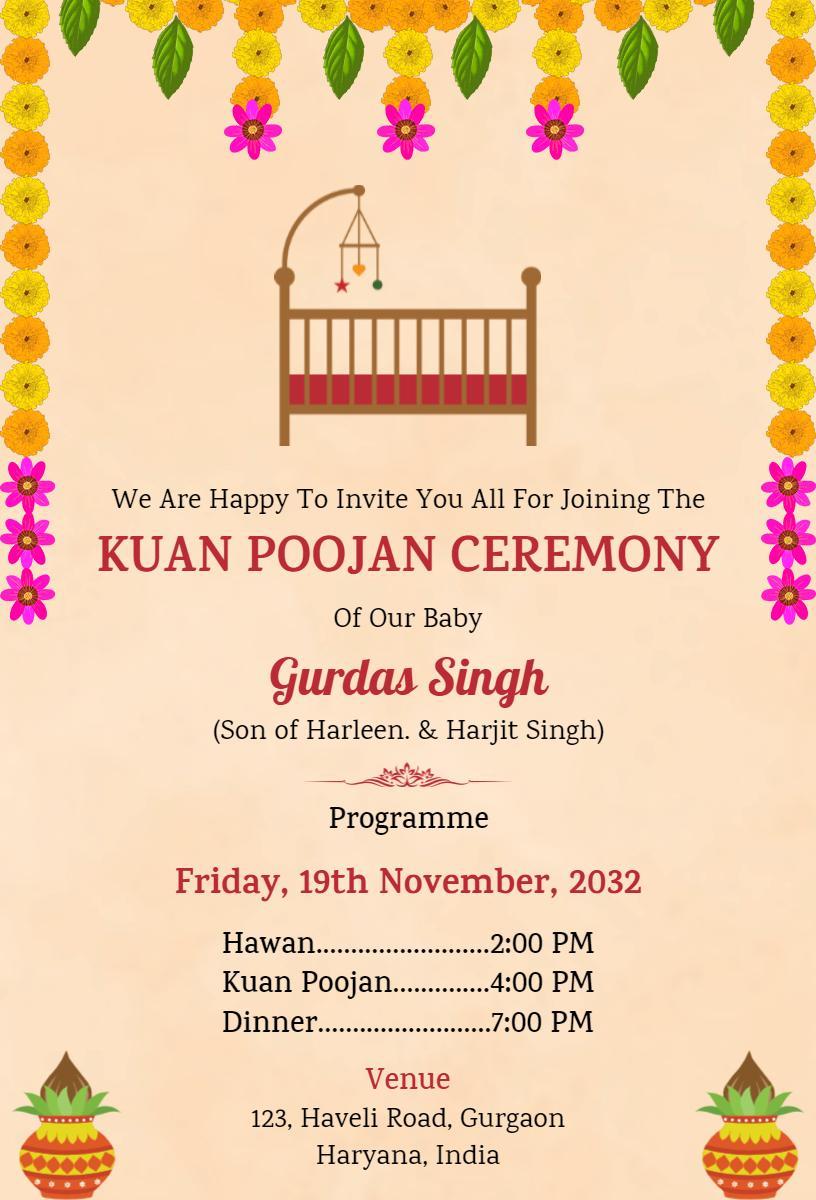 Traditional Kuan Poojan Ceremony Baby Celebration Invitation Template