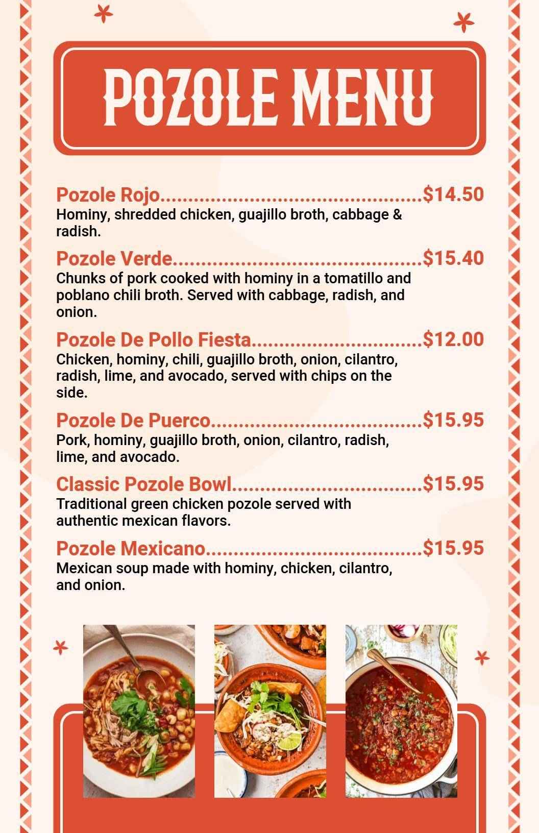 Traditional Mexican Flavors with Classic Pozole Varieties Menu Template