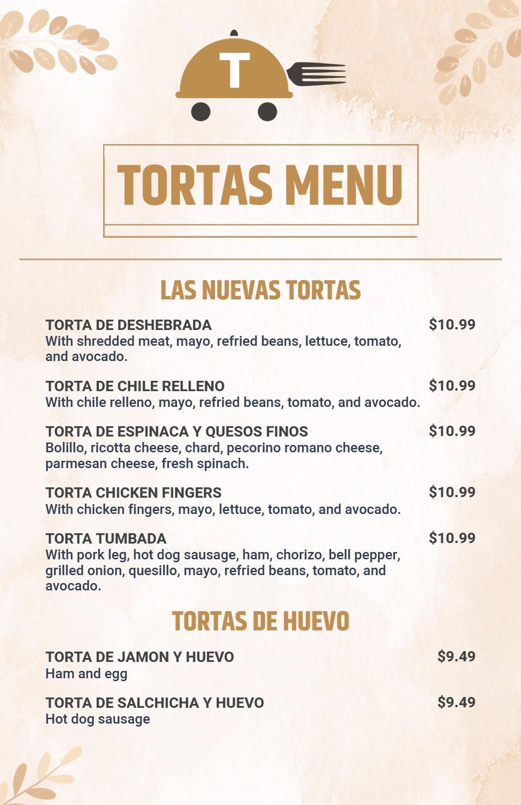 Traditional Mexican Sandwiches with Savory Fillings Tortas Menu Template