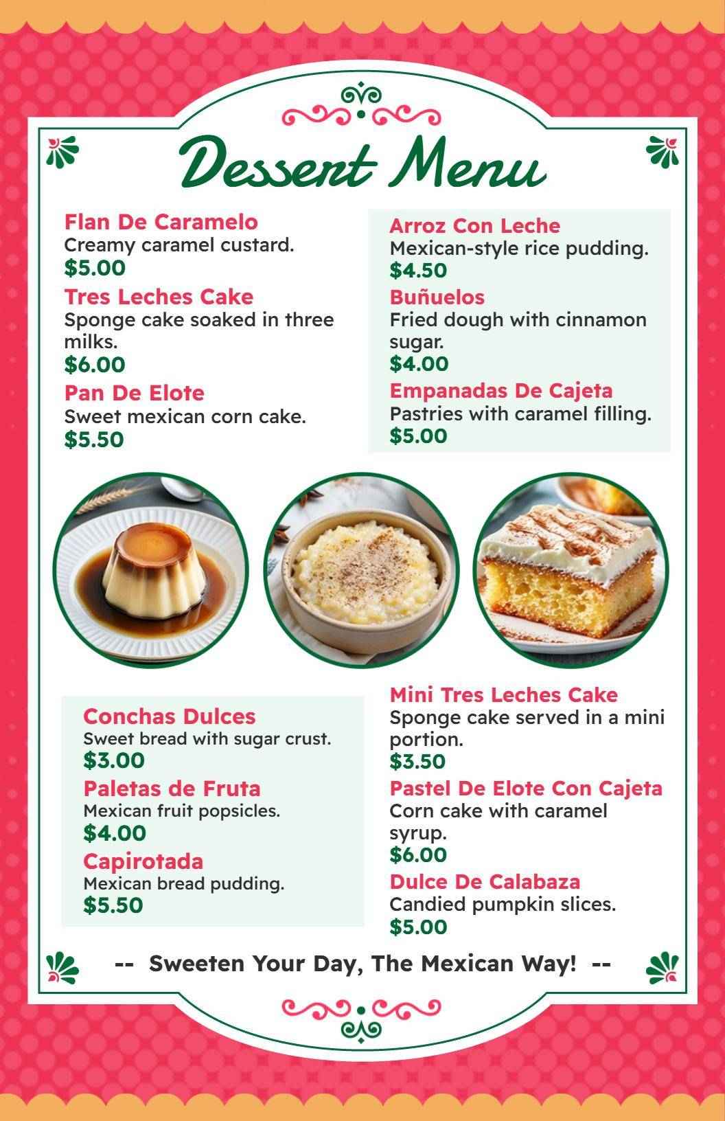 Traditional Mexican Sweet Treats and Rich Flavors Dessert Menu Template