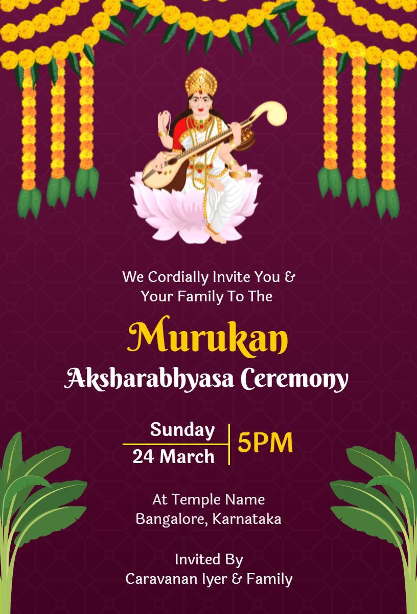 Traditional Murukan Aksharabhyasa Ceremony Invitation Template