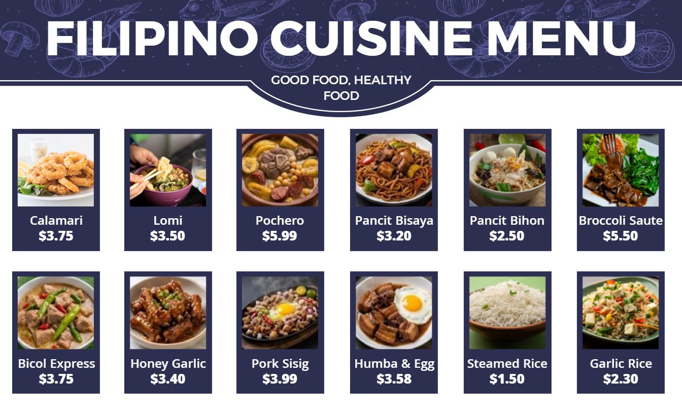 Traditional Navy Blue Filipino Cuisine Restaurant Menu Template