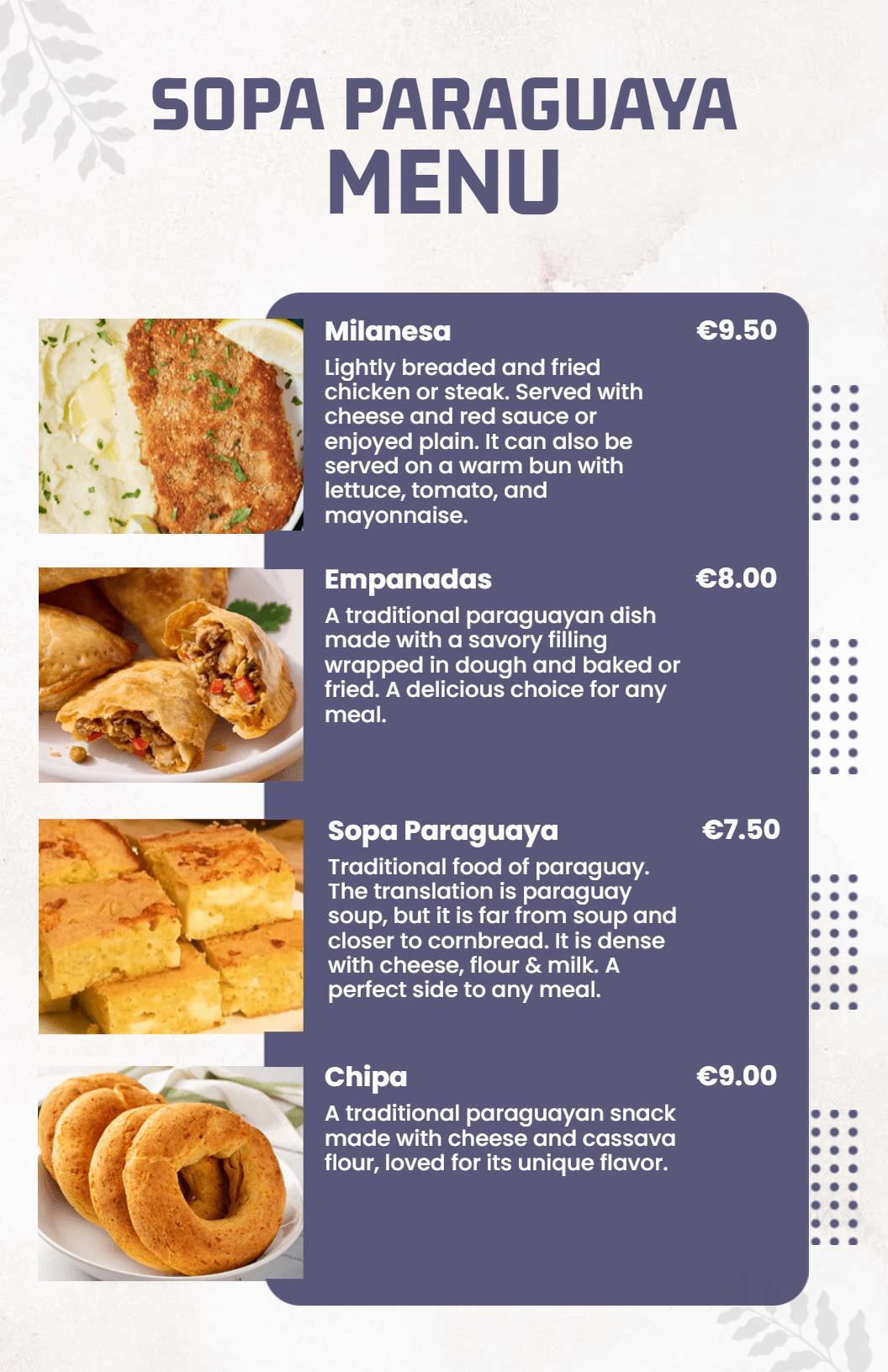 Traditional Paraguayan Dishes Featuring Sopa and Snacks Menu Template