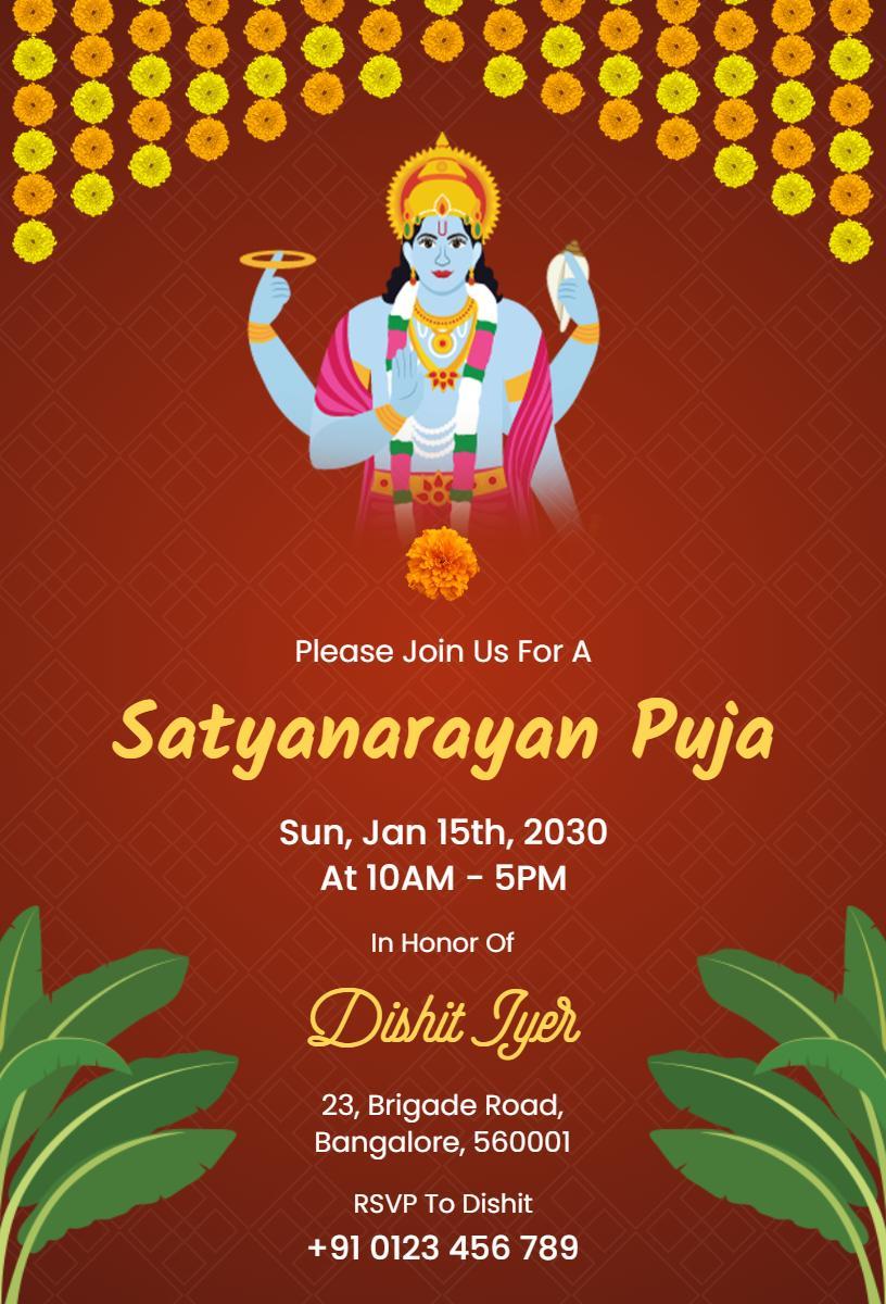 Traditional Satyanarayan Puja Family Ceremony Invitation Template