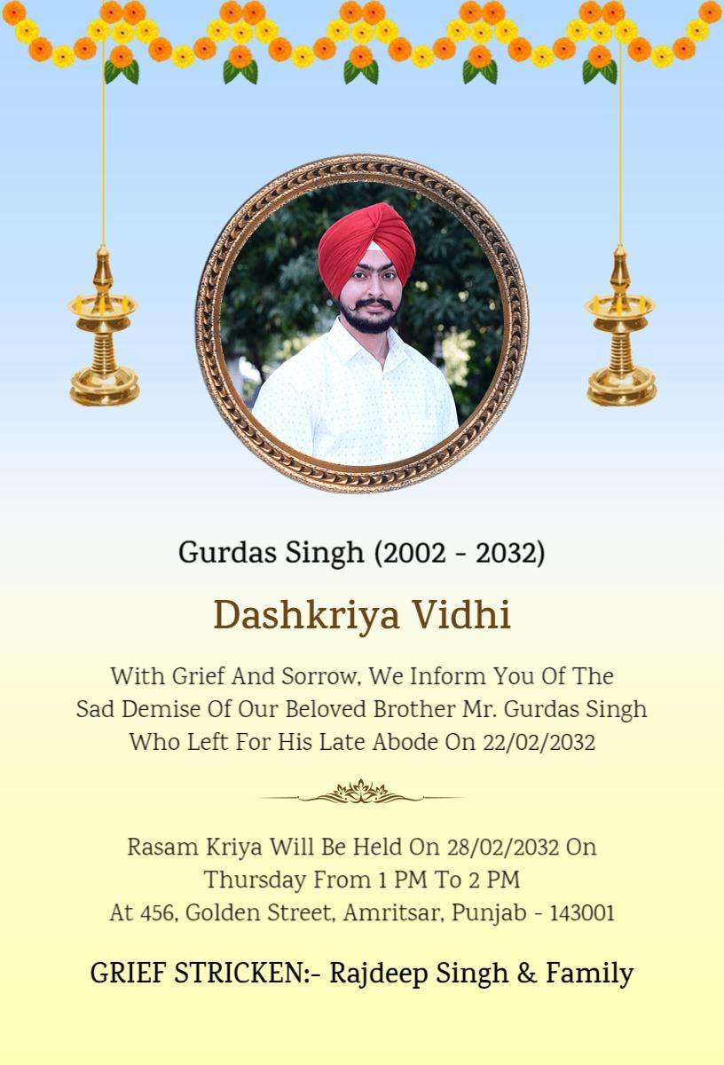Traditional Sikh Dashkriya Vidhi Funeral Invitation Template