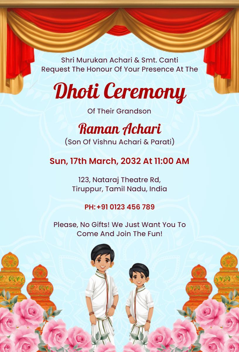 Traditional South Indian Dhoti Ceremony Invitation Template