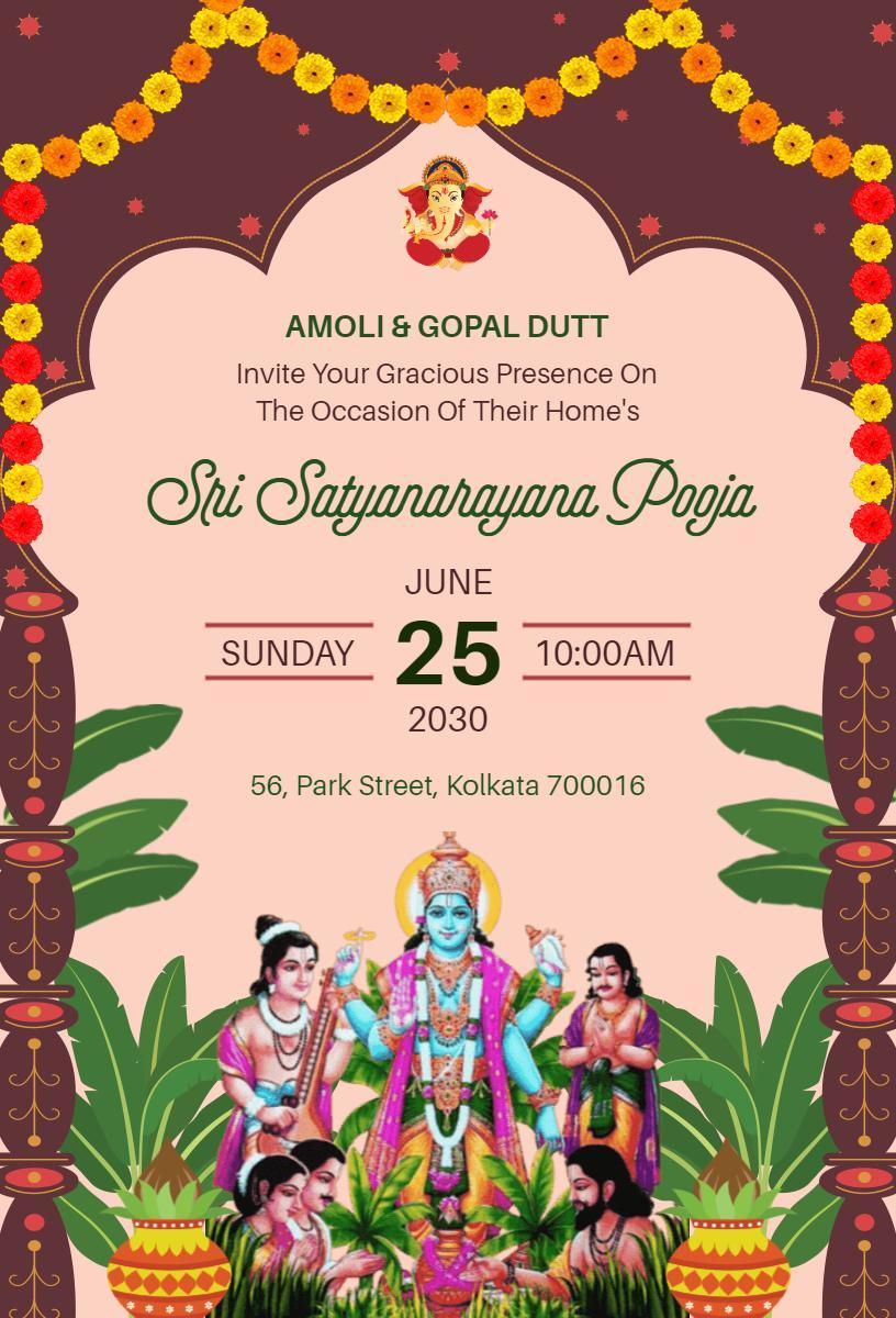 Traditional Sri Satyanarayana Pooja Ceremony Invitation Template